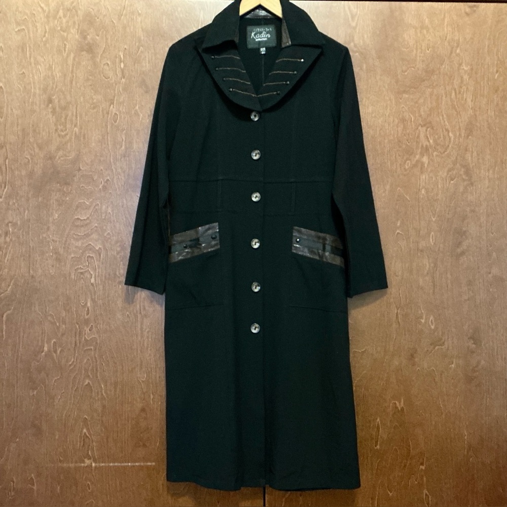 Vintage Womens Black Long Trench Coat Lightweight Jacket Goth Steampunk US 12